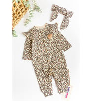 Leopar Desenli Bandanalı Kız Bebek Tulum (KAHVE)