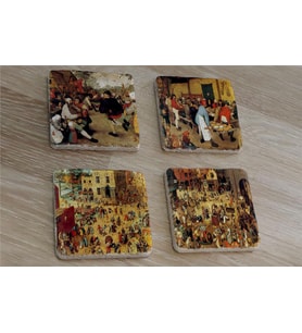 Pieter Brueghel Çocuk Oyunları ve Eserleri  Doğal Taş Bardak Altlığı 4'lü set - Natural Stone Coasters
