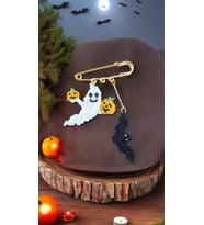Miyuki Balkabağı Tutan Hayalet Ve Yarasa Halloween Cadılar Bayramı İskoç İğnesi / Yaka İğnesi / Broş