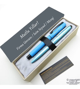 Scrikss İsme Özel Kalem Seti - Mavi Yeşil Krom Roller Kalem + Tükenmez Set (Karışık)