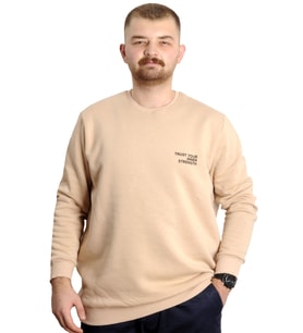 Mode XL Büyük Beden Erkek Sweathirt Bisiklet Yaka Nakışlı Sweat 23525 Bej