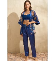 Kadın Tül Çiçek Baskılı Desteksiz Dantelli Büstiyer Sütyen ve Saten Pantolon 3'lü Pijama Takım (Renksiz)
