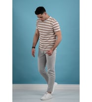SLİMFİT ÇİZGİLİ ÖRME KUMAŞ ERKEK T-SHİRT (Kiremit)