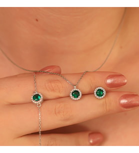 925 Ayar Gümüş Pırlanta Tasarım Zümrüt Yeşili Kolye Küpe Bileklik Set