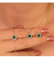 925 Ayar Gümüş Pırlanta Tasarım Zümrüt Yeşili Kolye Küpe Bileklik Set