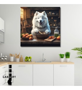 Kare Kanvas Mutfak Tablosu Aşçı Hayvanlar Samoyed Köpek