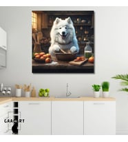 Kare Kanvas Mutfak Tablosu Aşçı Hayvanlar Samoyed Köpek