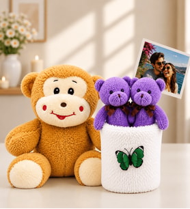 Kişiye Özel Fotoğraflı 2'li Peluş Ayıcık Buketi ve Sevimli Peluş Maymun Hediye Seti