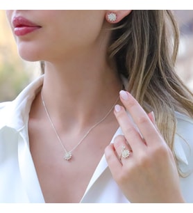 Zirkon Taşlı Lotus Çiçekli Gümüş Set