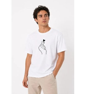 Erkek Kore Parmak Kalp Aşk Temalı Minimal Baskılı Tişört Yazlık Kısa Kol T-Shirt - Beyaz
