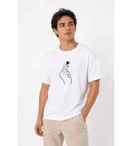 Erkek Kore Parmak Kalp Aşk Temalı Minimal Baskılı Tişört Yazlık Kısa Kol T-Shirt - Beyaz