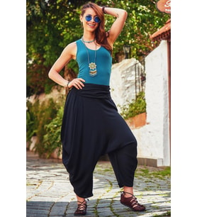 Drape Bel Dökümlü Kadın Şalvar Pantolon (Siyah)