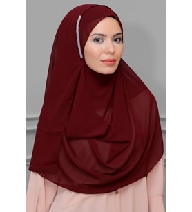 Bordo Pratik Hazır Geçmeli Malezya Şal Şifon Taşlı 1850_16