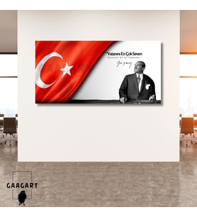 Panoramik Kanvas Makam Panosu Atatürk ve Bayrak ‘’Vatanını En Çok Seven Görevini En İyi Yapandır.’’