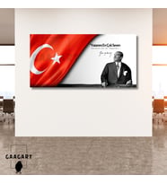 Panoramik Kanvas Makam Panosu Atatürk ve Bayrak ‘’Vatanını En Çok Seven Görevini En İyi Yapandır.’’