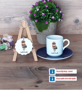 Baykuş Türk Kahvesi Fincanı Lacivert ve Ahşap Anahtarlık Hediye (Model 1)