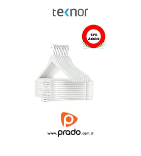 Teknor-Prado 12 Adet Ahşap Görünümlü Plastik A Kalite Beyaz Stil Elbise Askısı