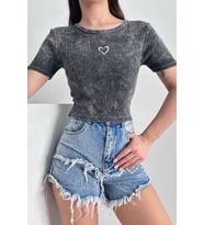 Nare Gri Yıkamalı Nakışlı Crop Body