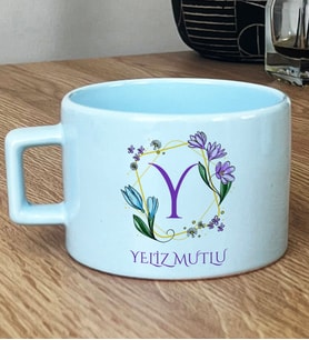 Kişiye Özel Çiçekli Y Harfli Hediye Pastel Fincan İsim Soyisim Yazılı (Mavi)