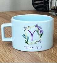 Kişiye Özel Çiçekli Y Harfli Hediye Pastel Fincan İsim Soyisim Yazılı (Mavi)