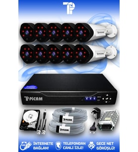 PICAM 10 Kameralı Uzay 10 Dış Kamera Set 1 TB HDD Full HD Gece Görüşlü Güvenlik Kamerası Sistemi