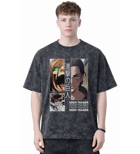 Tasarım Eren Yeager Attack On Titan Anime Baskılı Unisex Oversize Eskitme Yıkamalı Tişört