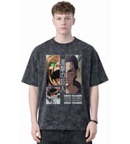 Tasarım Eren Yeager Attack On Titan Anime Baskılı Unisex Oversize Eskitme Yıkamalı Tişört