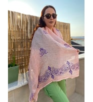 Yazlık Pembe Renk Pamuklu Desenli El Yapımı Şal Eşarp