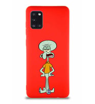 Samsung Galaxy A31 Soft Premier Kapak Squidward Dokunaç Tasarımlı Silikon Kılıf - Kırmızı (Şeffaf)
