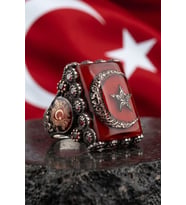 Özel Tasarım Ay Yıldızlı ve Kurt Figürlü ve Kelime-i Tevhid Yazlı 925 Ayar Gümüş Yüzük 903087