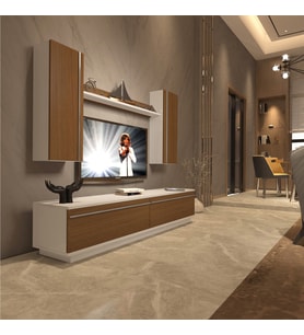 Decoraktiv Eko 5DB Mdf Std Tv Ünitesi Tv Sehpası - Parlak Beyaz (Beyaz - Ceviz)