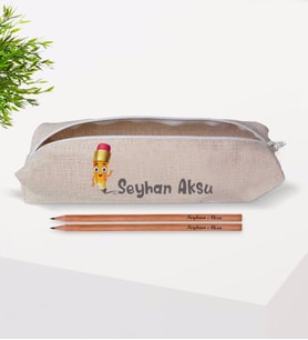 Çocuklara Özel İsimli Keten Okul Kalemliği ve Ahşap Kurşun Kalem Hediye Seti-2