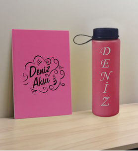 BK Gift Kişiye Özel İsimli Pembe Defter ve Fuşya Cam Matara Hediye Seti-4, Sevgiliye Hediye, Arkadaşa Hediye, Yeni İş Hediyesi