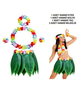 Yetişkin Hawaii Kostüm Seti - Yaprak Etek ve Aksesuar Seti- 5 Parça