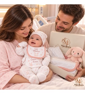 Pembe Tavşanlı Kız Bebek Hediye Kutusu – Kişiye Özel Zıbın ve Önlük Seti