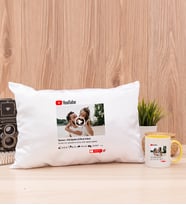 Kişiye Özel Youtube Tasarım Fotoğraflı Dikdörtgen Yastık ve Sarı Kupa