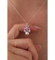 Gümüş Lotus Çiçeği İnci Kolye - 925 Ayar Gümüş Kolye
