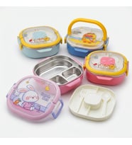 700 ml Paslanmaz Çelik Yemek Kabı, 3 Bölmeli Kilitli Lunch Box, Çatal Kaşık Dahil Renkli Desenli Saklama ve Taşıma Kabı