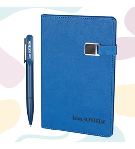 Kişiye Özel LED Işıklı Kalem & Metal Detaylı Defter Hediye Seti (Lacivert)