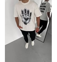Unisex Bisiklet Yaka Baskılı Oversize T-Shirt - Beyaz