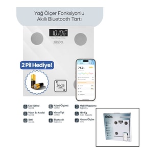 BEYAZ YAĞ ÖLÇER AKILLI BLUETOOTH CAM BASKÜL PİLLİ 180KG/50GR 26X26CM 8-KİŞİ HAFIZA LCD EKRAN ℃ GÖSTERGE SBS-4472 (5343)