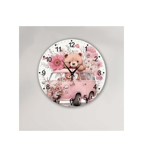 Retro BİLGE LAZER Çocuk odasıDuvar Saati Yuvarlak Pembe 30 cm Ahşap (Pembe-Beyaz)
