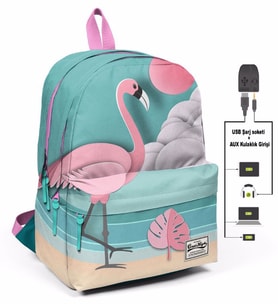 Coral High Yeşil Flamingolu Üç Gözlü Okul ve Günlük Sırt Çantası - USB+AUX Soketli