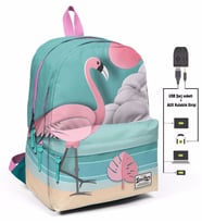 Coral High Yeşil Flamingolu Üç Gözlü Okul ve Günlük Sırt Çantası - USB+AUX Soketli