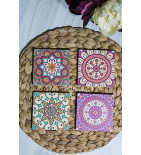 Baskılı Doğal Taş Bardak Altlığı 4'lü Set 10x10x1 Cm