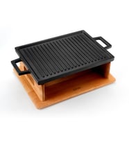 Lava Döküm Dikdörtgen Çift Yön Izgara Hot Plate Döküm Demir Yekpare Çift Kulplu Kayın Servis Ahşabı Ölçü 22x30cm.(Isıtıcı dahil değildir.)
