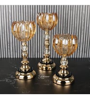 Ultra Lüks Kristal Taşlı Metal Ayaklı Şamdan 3'lü Set Cam (RoseGold)