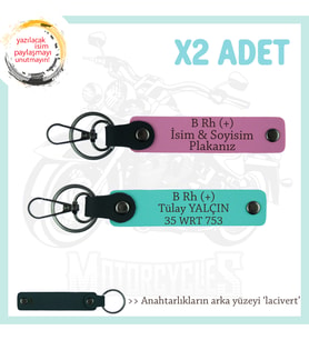 Macera Aşıklarına Özel, İsim Plaka ve B Rh (+) Kan Grubu Yazılı x2 Anahtarlık, Pembe-Turkuaz-Laci