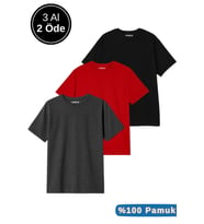 Erkek 3lü Paket Siyah-Kırmızı-Antrasit Pamuklu Oversize Tişört Bisiklet Yaka Kısa Kollu T-Shirt