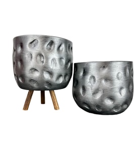 Bitki Tasarımı  Gümüş Desenli Toprak Saksı Saksılık Salon Çiçeklik İkili Set Ayaksız - 3 Ayaklı- 19 CM